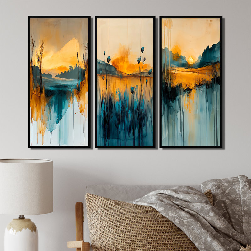 «Orange Twilight Calm Meadow I», collection d'art mural Green Meadow, 3 panneaux, H 40 po x l 60 po, Noir
