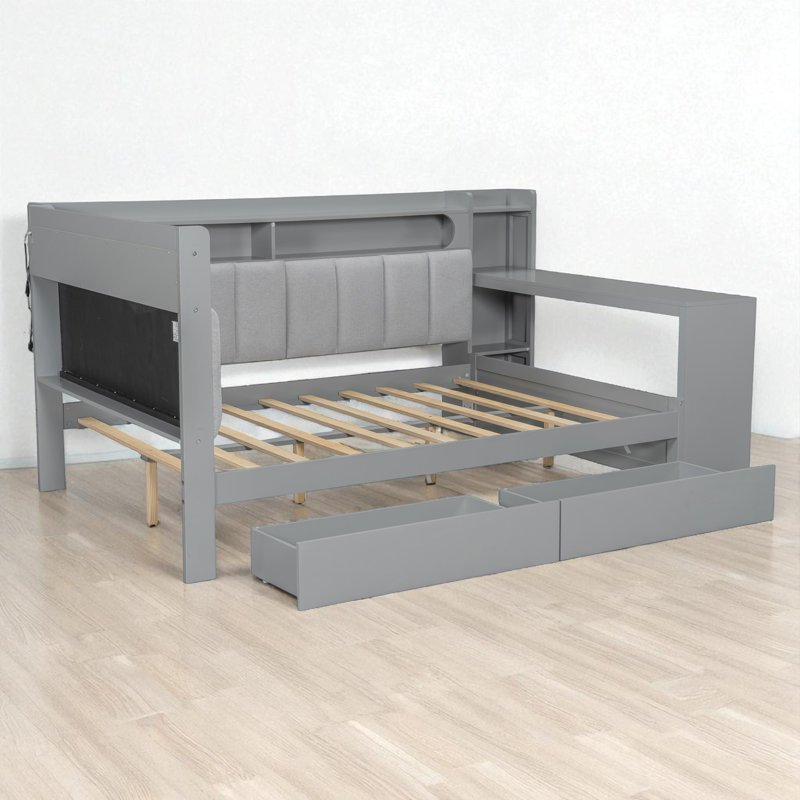 Full Upholstered Daybed With Desk, Charging Station And Storage, Grey