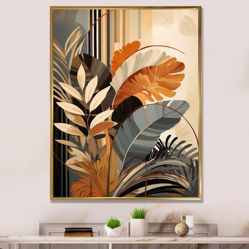 Funky Foliage In Terracotta Tons - Abstract Botanicals, art mural, H 32 po x l 16 po x P 1 po, Cadre flottant doré