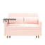 Velours côtelé rose avec des ajouts novateurs : lit gigogne, table basse amovible, ports pour une expérience inédite. Élégant : ports, se transforme en lit luxueux.