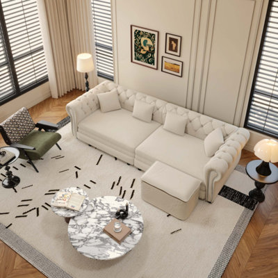 Chesterfield Sofa,89" 3-in-1 Pull-Out Sofa Bed, Convertible Sleeper Sofa Bed, Chaise Lounge,Velvet 3-Seater Sofa with Movable Ottoman