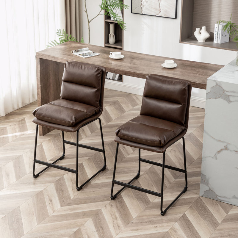 Upholstered Barstools Set of 2, Faux Leather-Antique Brown