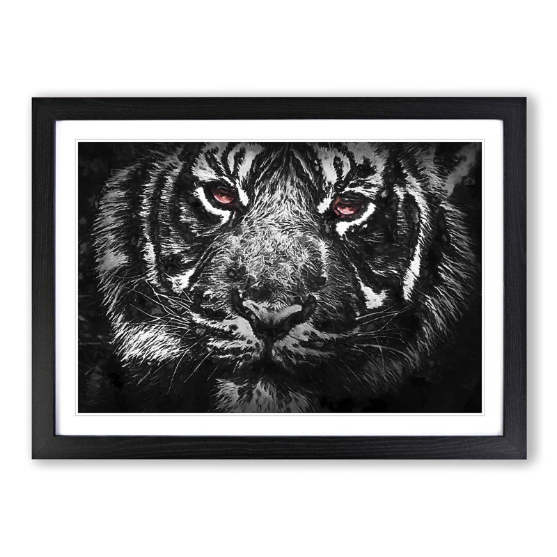 Tiger with Yellow Eyes in Abstract - Picture Frame Painting Print, Black, 60cm H x 91cm W x 2cm D