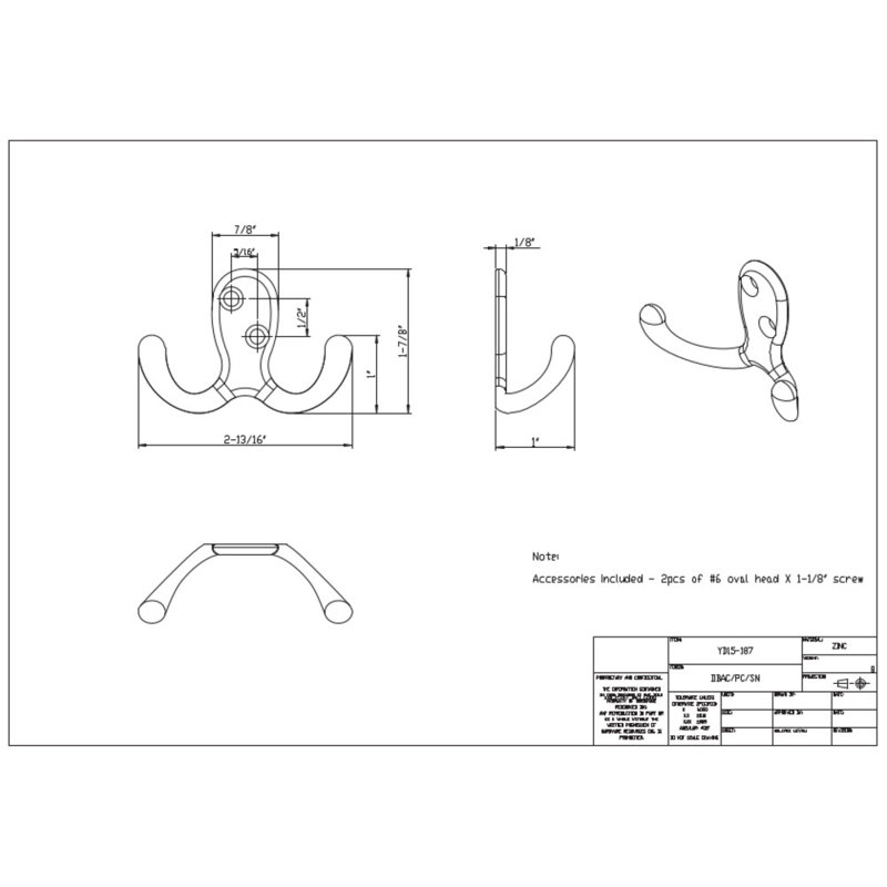 1-78 Double zinc wall mount hook. Finish DBAC., Satin Nickel