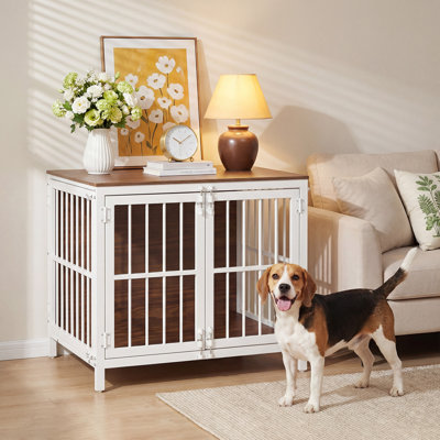 Mobilier de cage robuste pour chien, chenil d'intérieur en bois avec 3 portes, cage en métal résistant au mâchonnage pour les petites et moyennes races, table d'appoint pour cage de chien