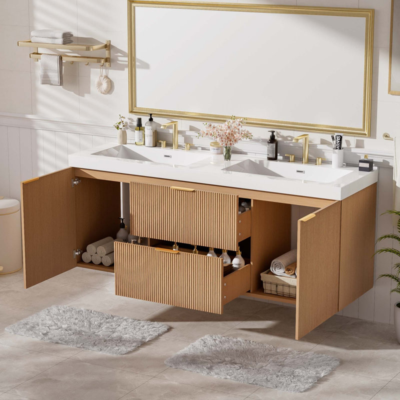Meuble-lavabo double 59 po avec comptoir en résine Smc sans miroir, Bois