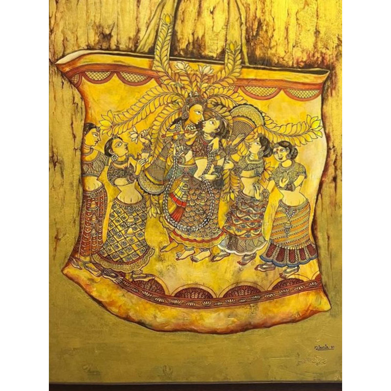Le thème de Krishna Leela avec Gopis | Acrylique sur toile | Par Nikunja Bihari Das | Avec cadre