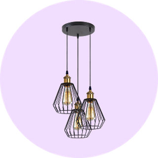 Black metal pendant light with three wire cage shades on lilac background
