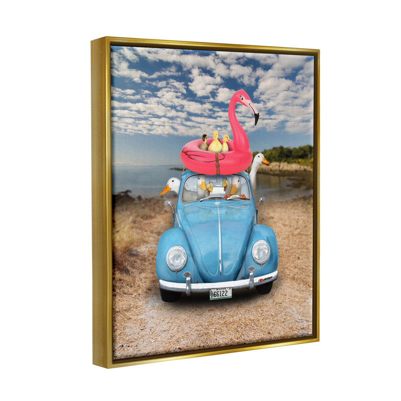 «Funny Summer Beach Holiday Geese» par John Hovenstine - peinture à cadre flottant sur toile, H 21 po x l 17 po x P 1,7 po