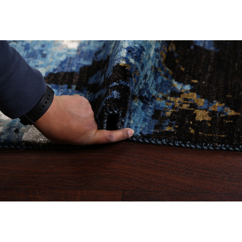 Tapis bleu noué à la main de conception unique 9 pi 1 po x 12 pi New Age