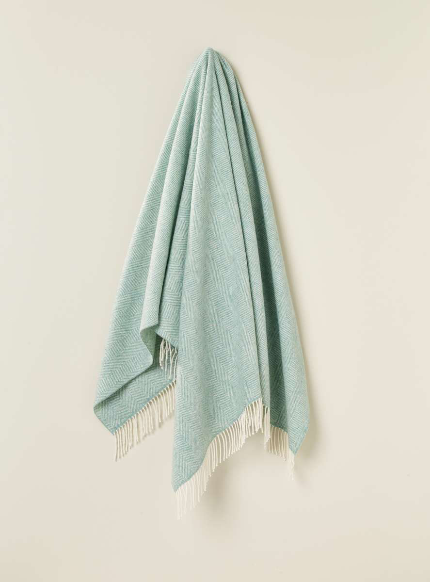Merino Lambswool Throw/Blankets Hand Woven Blanket, Green Herringbone