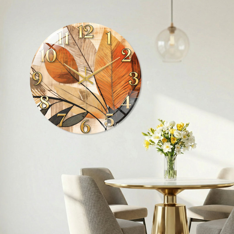 "Autumn Leaves", horloge murale en verre, 60 x 60 cm (23,6 x 23,6 pouces)