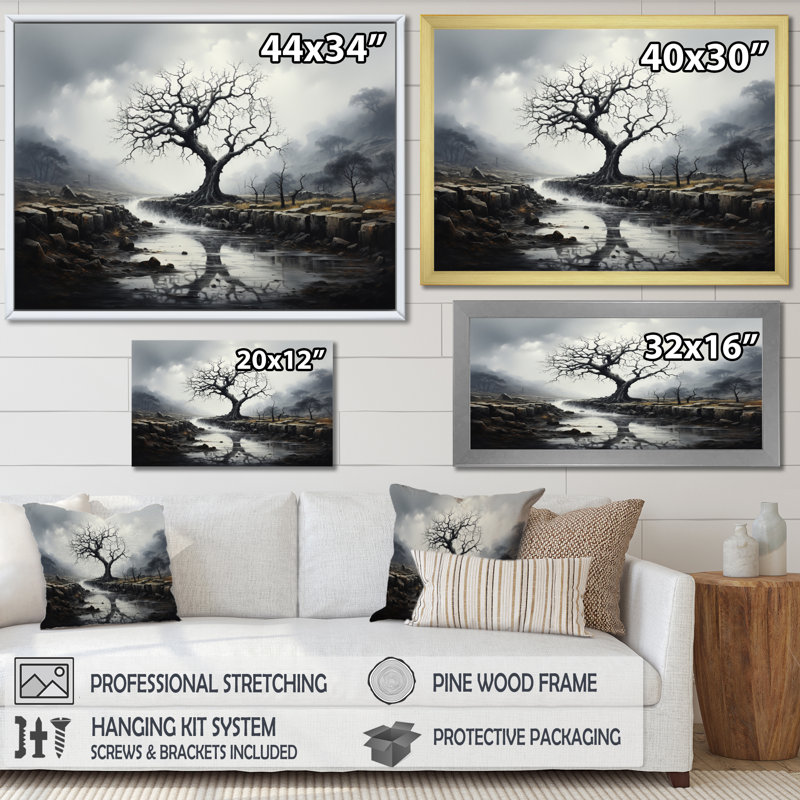 Arbre gris gris mystique sur toile, Cadre photo blanc, H 34 po x l 44 po x P 1,5 po