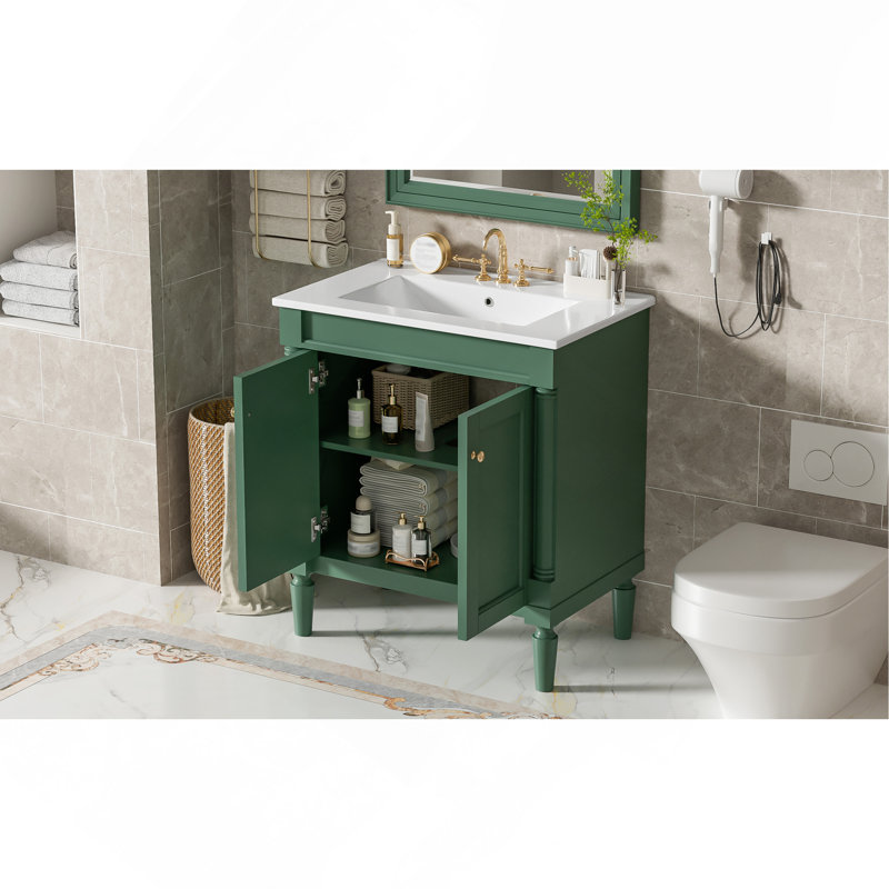 Armoire de meuble-lavabo 30 po avec lavabo en céramique, 30 po, armoire de rangement avec portes à fermeture douce et pieds en bois massif