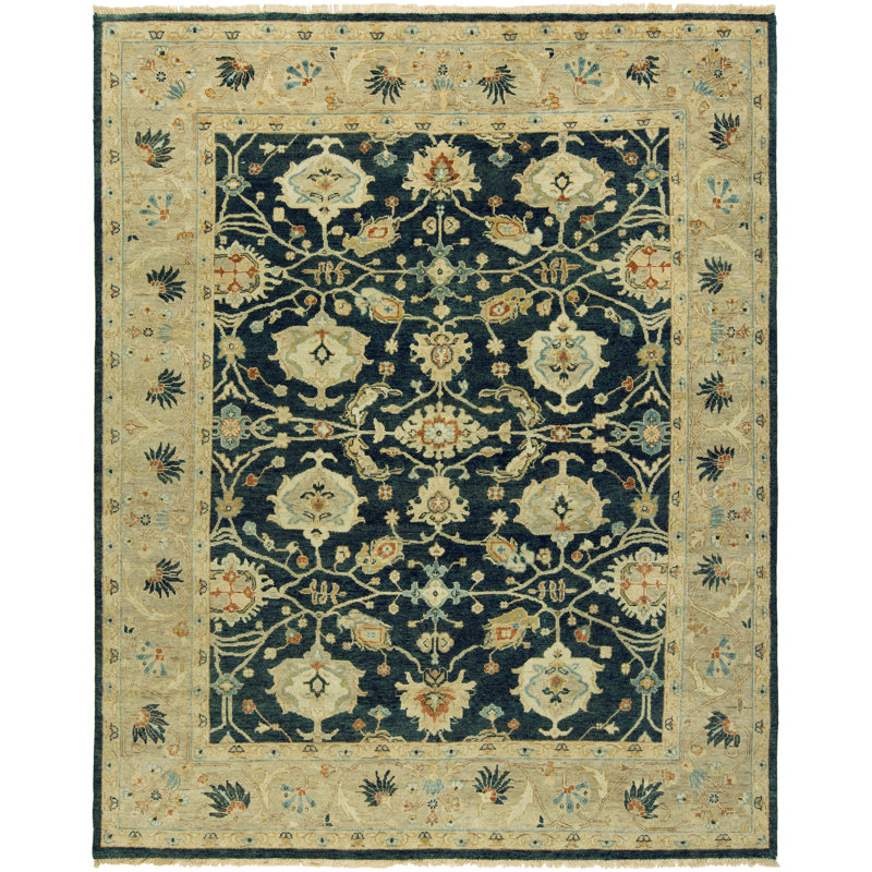 Tapis bleu en laine noué la à la main Preece, Rectangle 12 pi x 18 pi