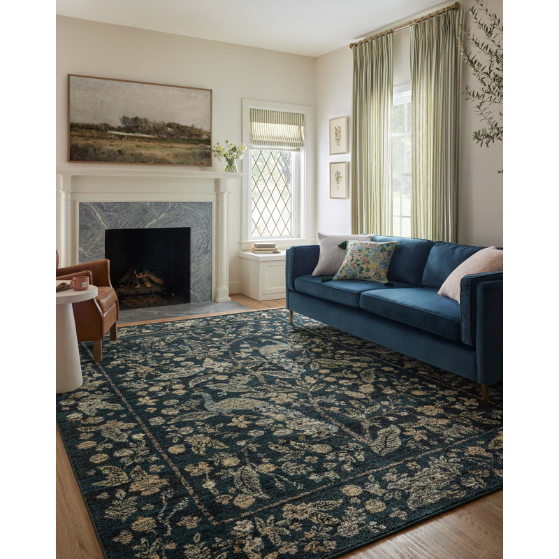 Laurel Navy Floral Square Synthetic Area Rug