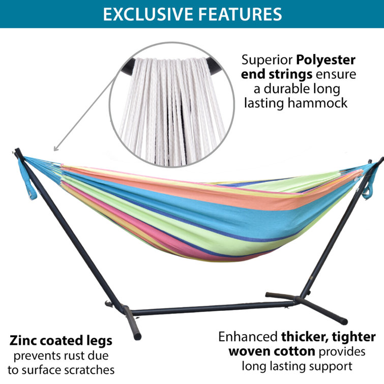 Vivere Dorinda Double Cotton Hammock with Space Saving Steel Stand and Carry Bag