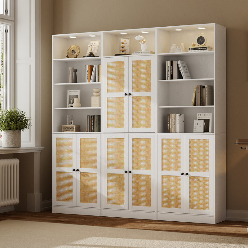 85.8" H X 70.8" W 7-Tier Large Rattan Storage Bookcase, Bookshelf With White Downlights