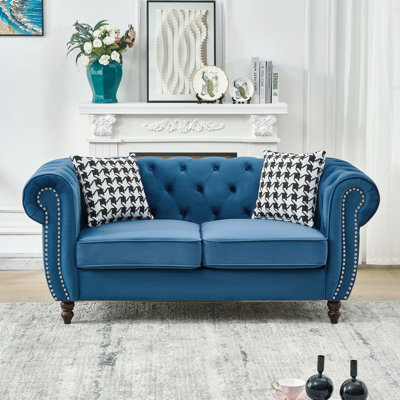 65" Mid Century Modern 2 Seater In Blue Velvet Upholstery, Rolled Arms, Nailhead, Solid Pine Wood, Medium - Soft Seat, For Apartment Upholstered With Roll Armrest, Style, Wood Frame, High Density