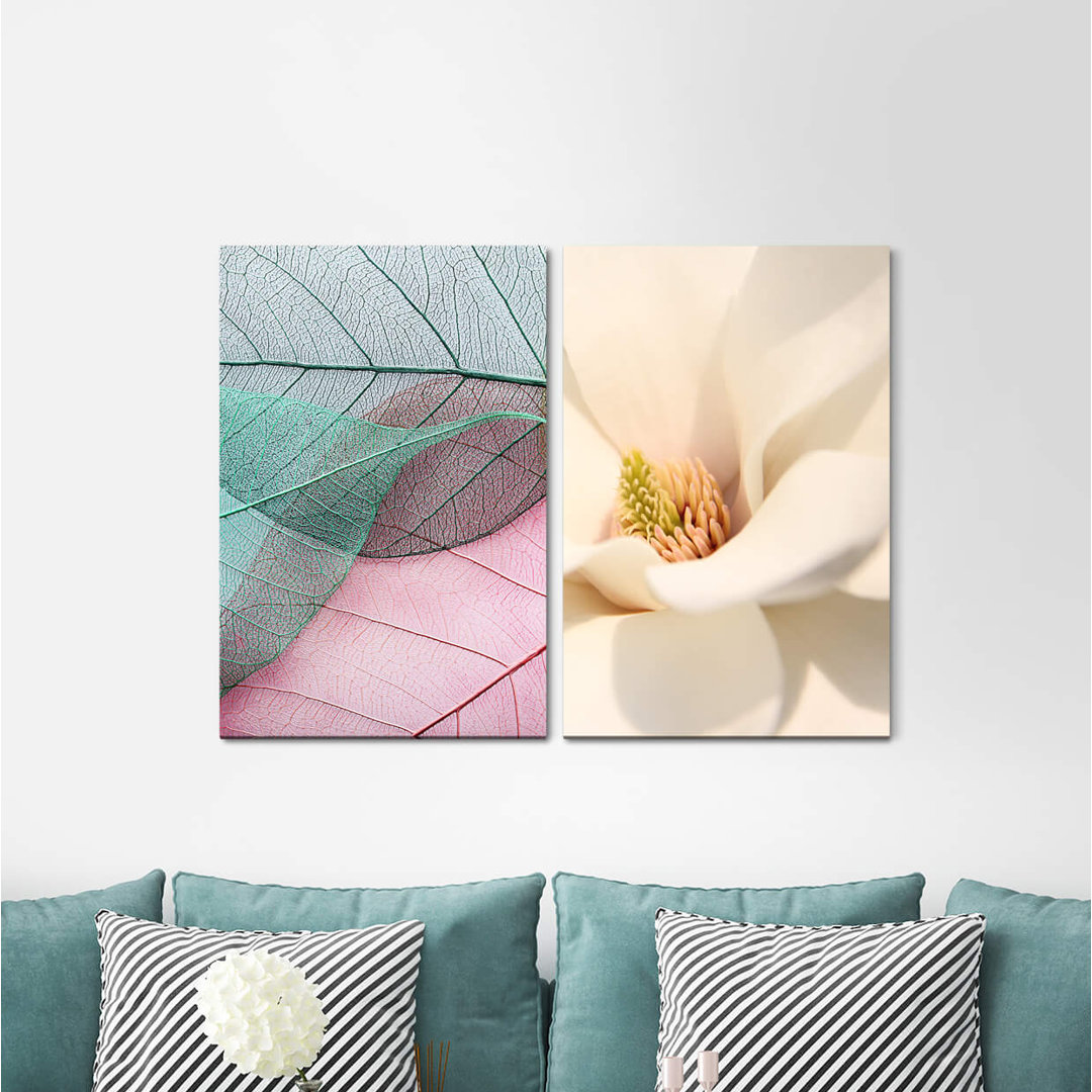 2-tlg. Leinwandbilder-Set - Grafikdruck „Leaf Veins Leaf Structure White Tulip Grey Leavescoherent”