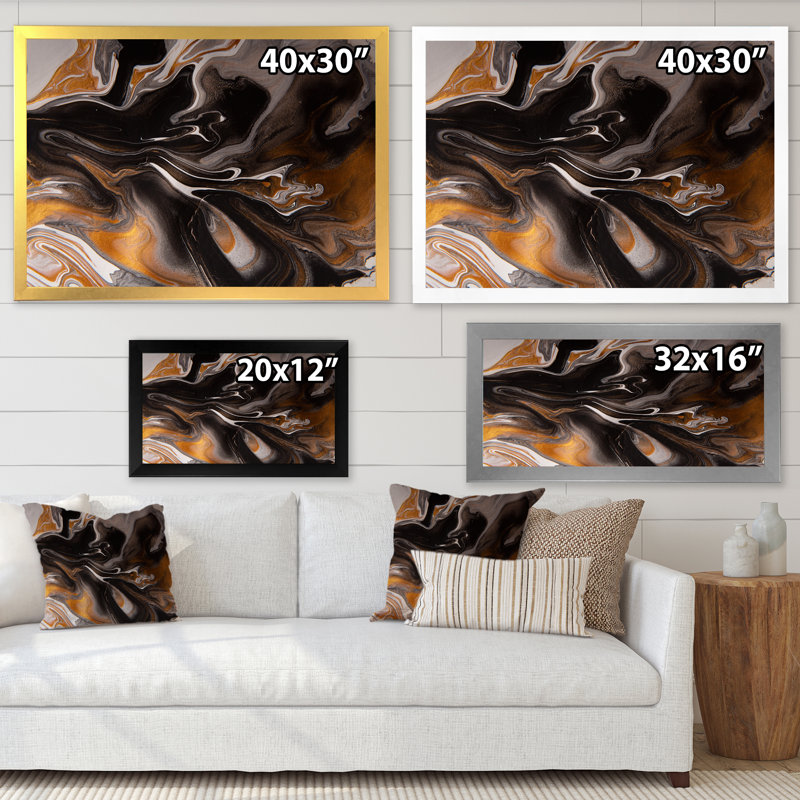 Orange et vagues de marbre noir II - impression sur toile, Cadre photo argenté, H 34 po x l 44 po x P 1,5 po