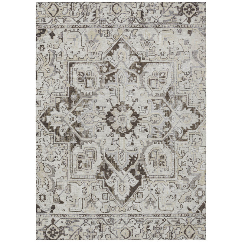 3' X 5' Ivory and Dark Brown Oriental Washable Non Skid Indoor Outdoor Area Rug