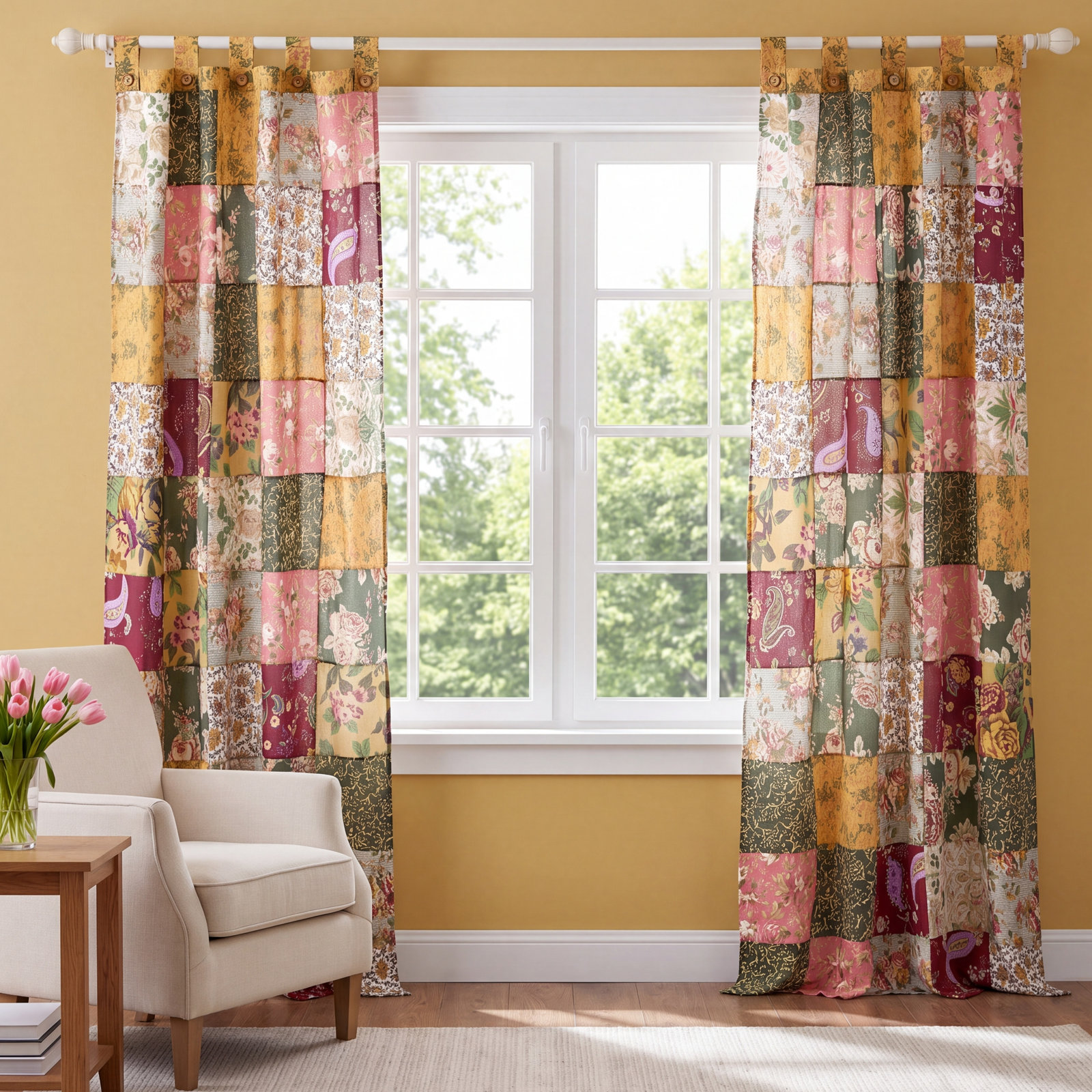 Antique Patchwork Semi-Sheer Curtain Panel Set