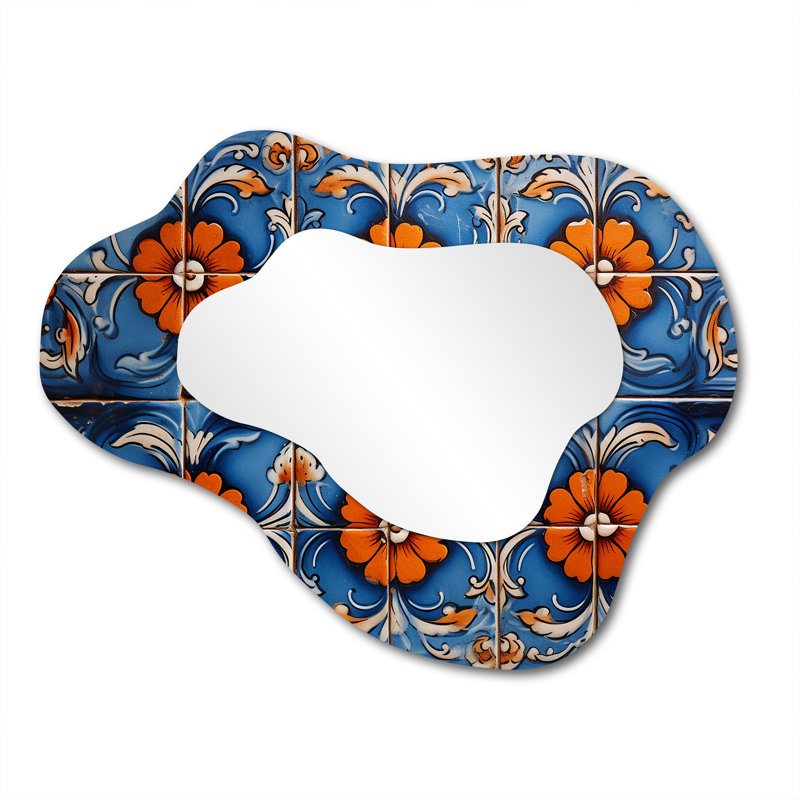 Floral boho blue and orange Tile Mosaic 3 - Boho Mosaic Asymmetrical Decorative Mirror, Blue Cloud Wall Mirror, Printed Metal Art