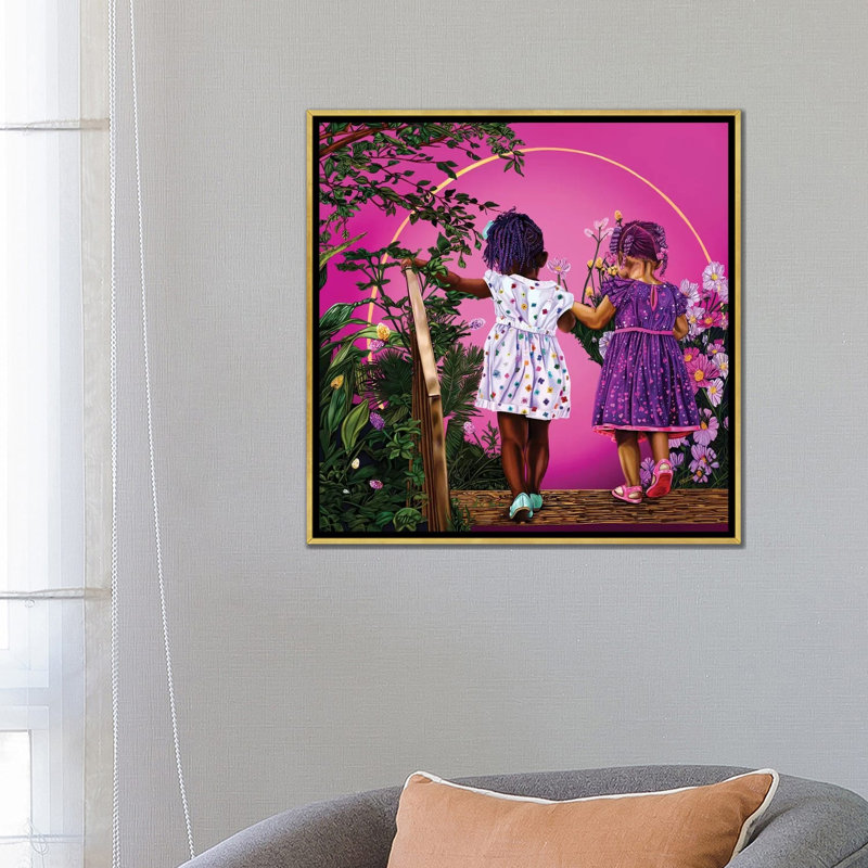 Voyage avec ma sœur-impression d’art graphique, Pas de tapis, H 26 po x l 26 po x P 1,5 po, Toile encadrée d'or