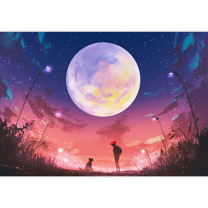 «Woman with Dog at Night with Huge Moon Above», grand papier peint autocollant amovible, L 100 po x l 144 po