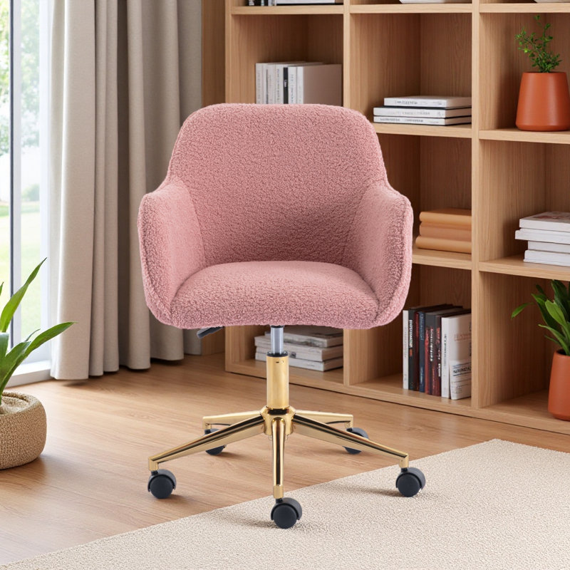 Modern Adjustable Height 360 Revolving Home Office Chair With Gold Metal Legs And Universal Wheel For Indoor, Pink, Teddy