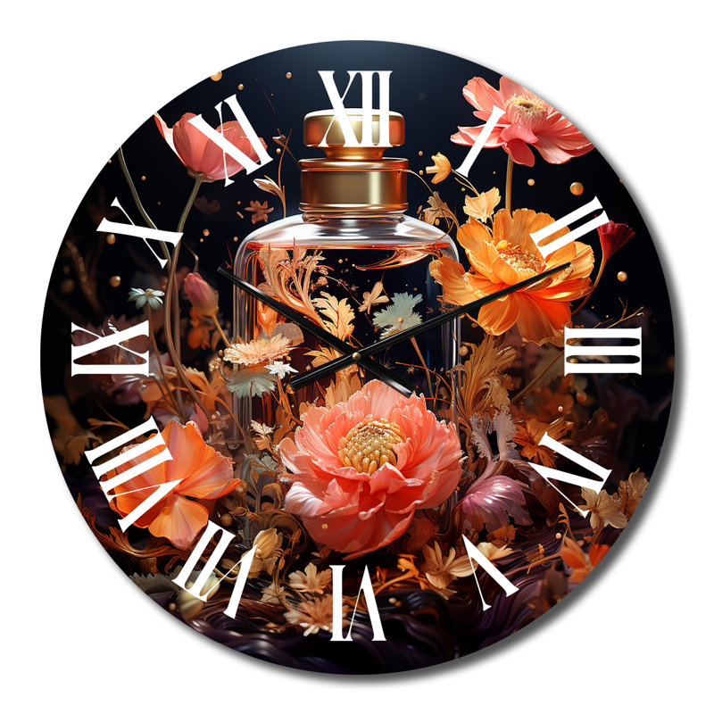 Horloge murale en forme de bouteille de parfum avec fleurs roses III, Moyenne