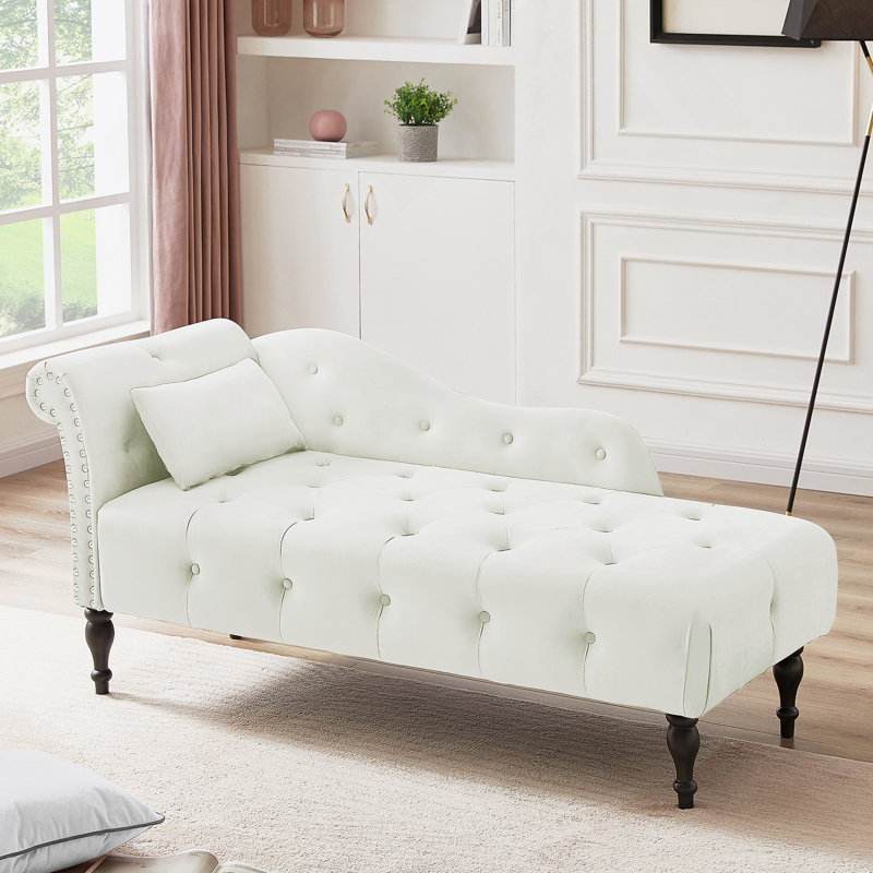 Pieds en velours 60,6 "capitonnés avec garniture cloutée et pieds en bois massif avec 1 coussin, Blanc