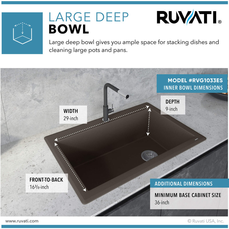 Ruvati 33 x 22 inch epiGranite Drop-in Topmount Granite Composite Quartz Single Bowl Kitchen Sink, Espresso Brown