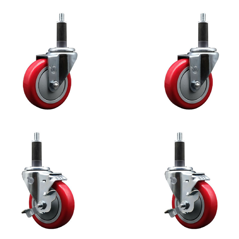 4 Inch SS Blue Poly Wheel Swivel 1 Inch Expanding Stem Caster Set 2 Brakes SCC, Red