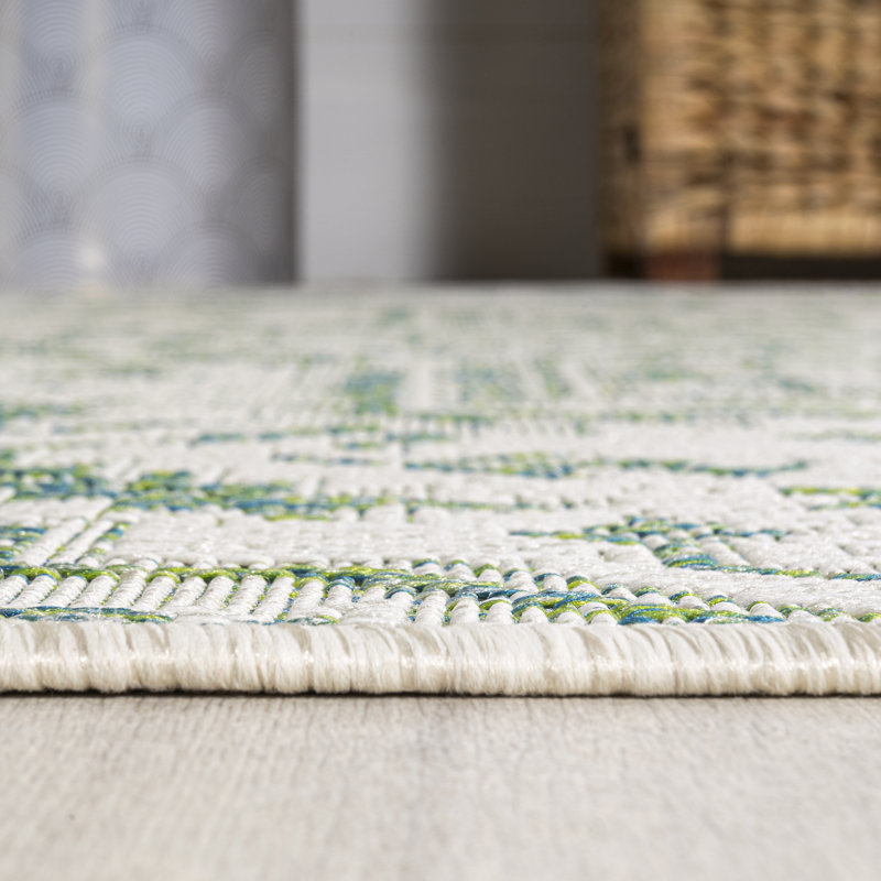 Truman Bohemian Medallion Textured Weave Green/Cream Indoor/Outdoor Rug, Rectangle 9' x 12'
