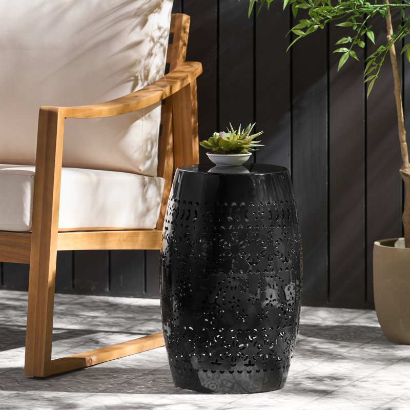  Modern Lace Cut Metal Side Table, Barrel Shape Outdoor Accent Table for Patio and Garden, Black, Black