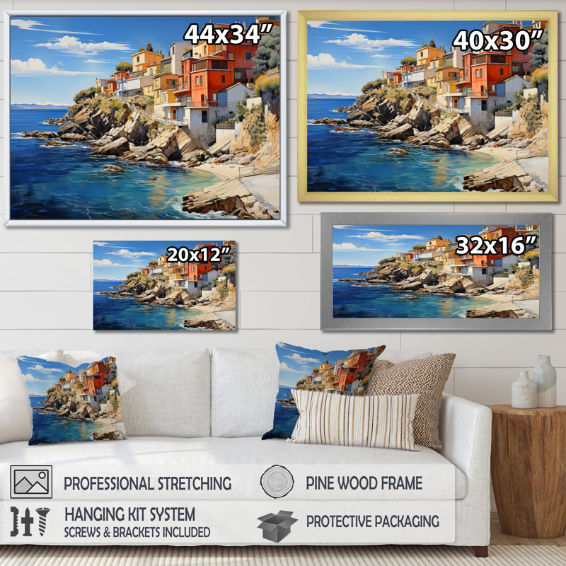 " Spain Spanish Coastline ", Gold Floater Framed, 12" H x 20" W x 1" D