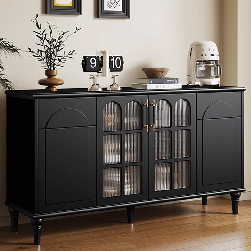 Buffet noir massif + bois manufacturé + verre trempé