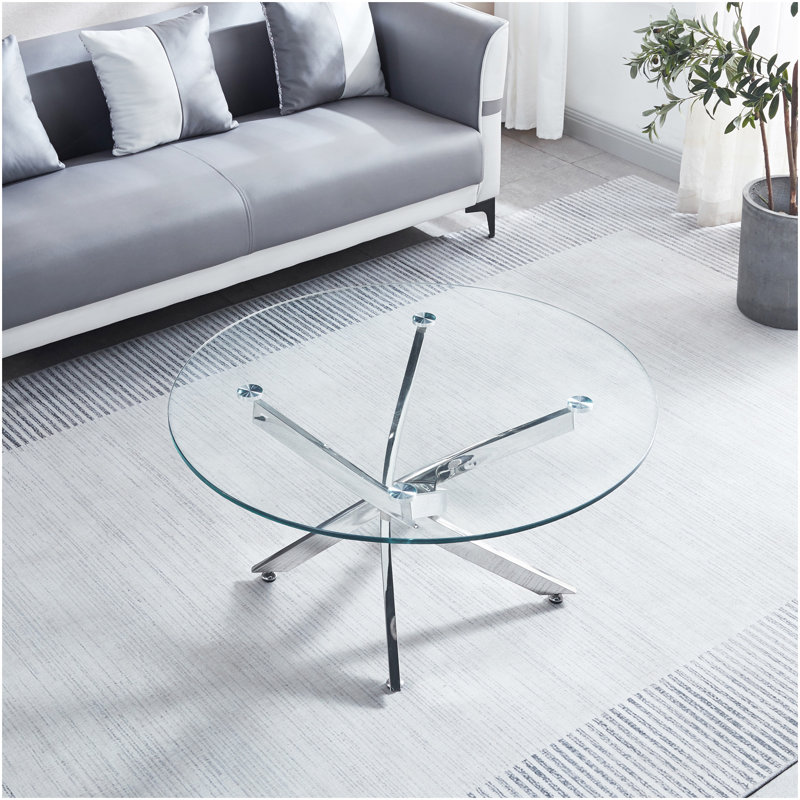 Table basse ronde moderne en verre trempé avec pieds chromés