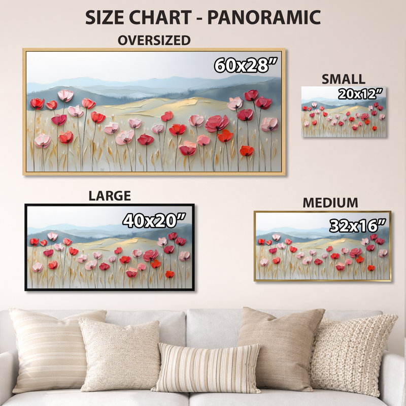 «Red Pink Red Poppies in Mountain Meadows», reproduction d'art sur toile colorée, art mural serein, H 24 po x l 32 po