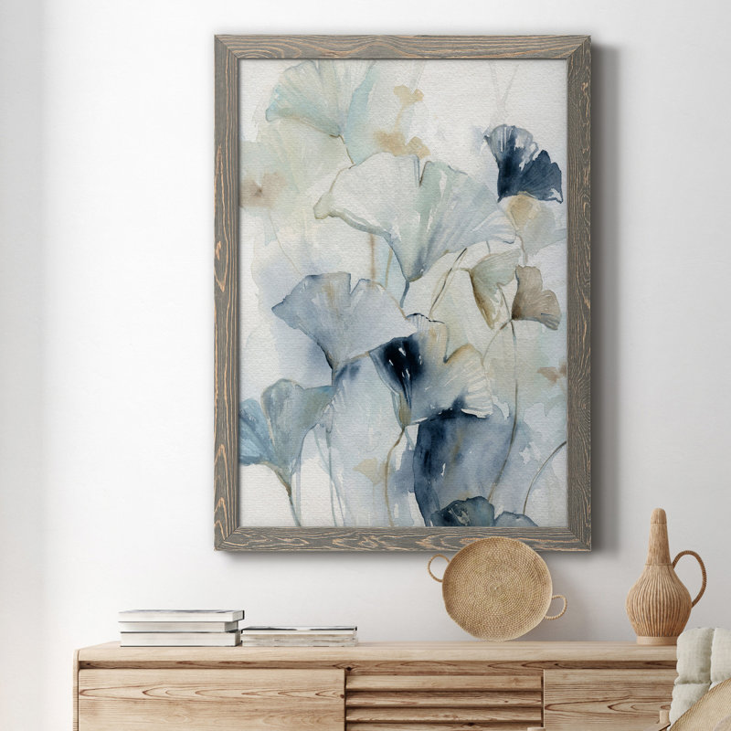 Indigo Ginkgo I - peinture sur toile encadrée, H 24 po x l 18 po x P 1,5 po, Gris
