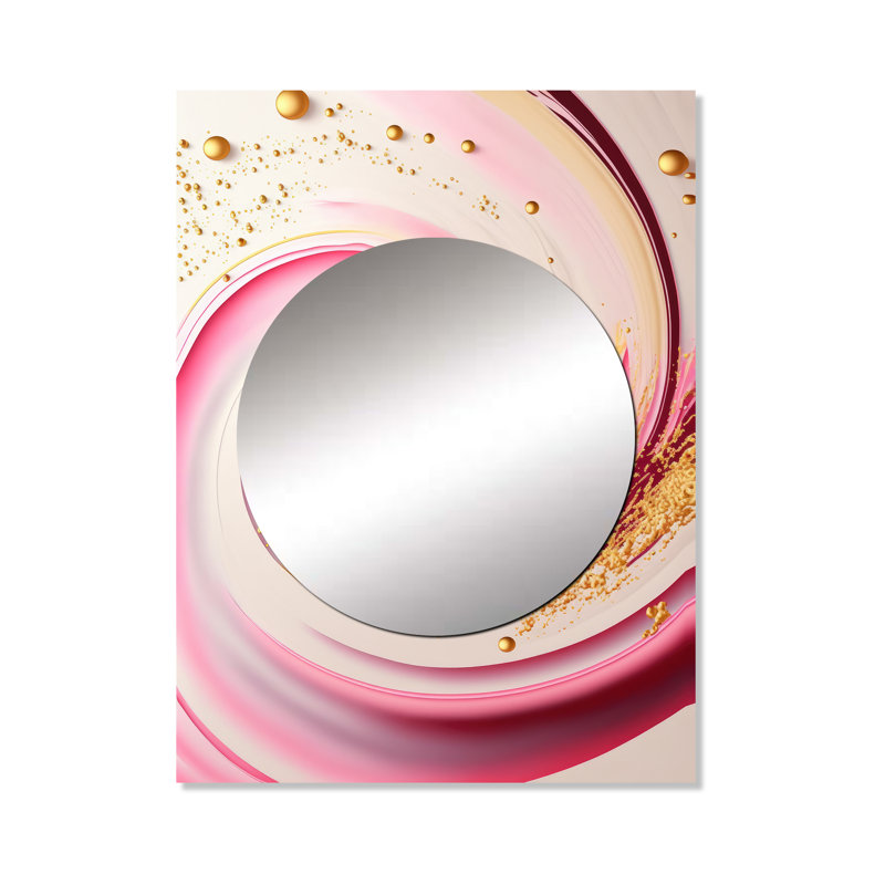 Jaxxson, cercles abstraits roses et dorés I - miroir spirales abstraites uniques, grand miroir mural rose, impression sur métal