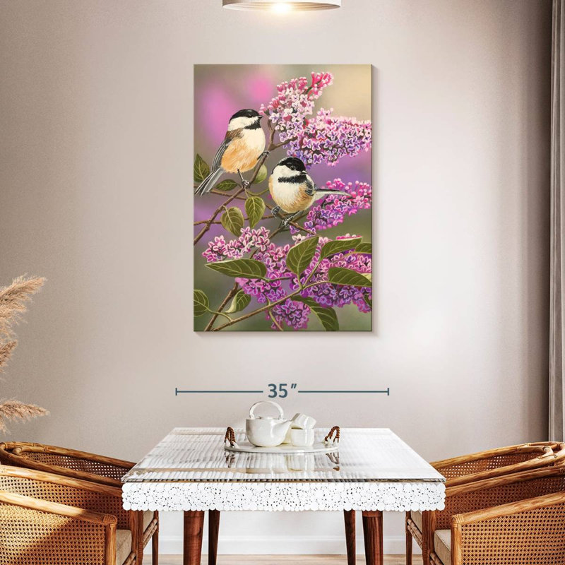 Brampt Lilacs And Chickadees, 45" H x 30" W