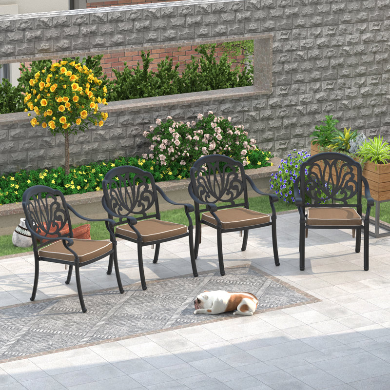 Cast Aluminum Patio Stacking Armchair 4PCS With Black Frame And Cushions In Brown Colors