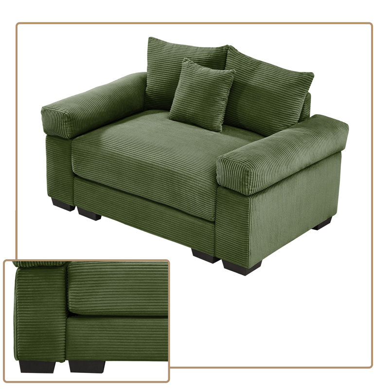 Fauteuil surdimensionné en velours côtelé avec 3 coussins décoratifs, accoudoirs souples et coussin à rebond élevé, Vert