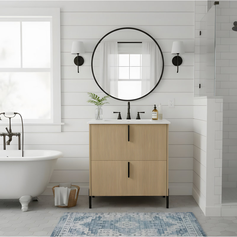 Meuble-lavabo à rainure sculpté à la main, Naturel
