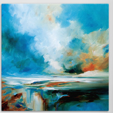 Aqua Haze, peinture sur toile tendue, H 18 po x l 18 po x P 1,5 po, Toile avec cadre noir, Pas de tapis