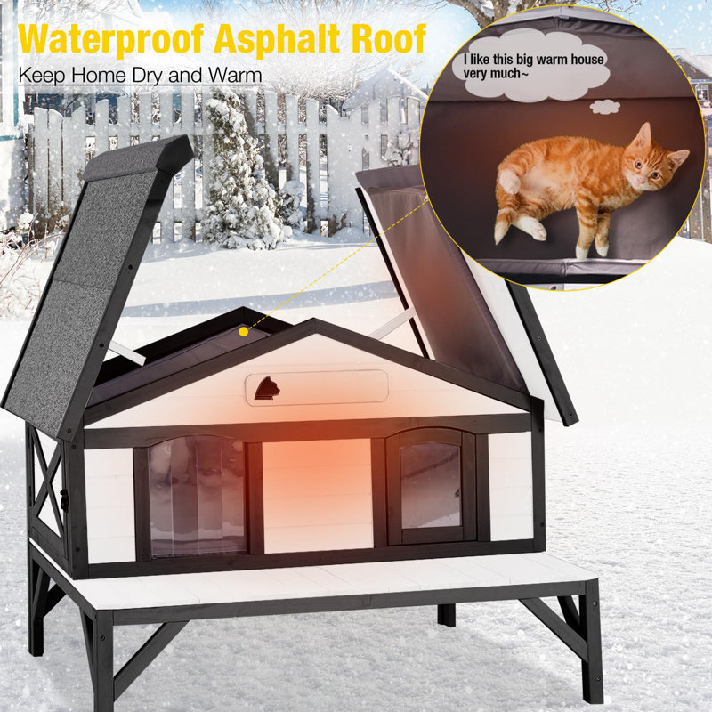  Maisonnette chauffante pour chat avec doublure isolante pour chat, Noir / blanc
