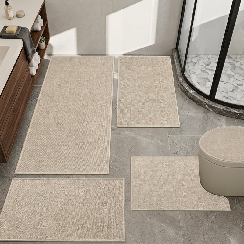 Ensemble de tapis pour salle de bain 5 pièces à aspect lin texturé avec envers antidérapant, Beige